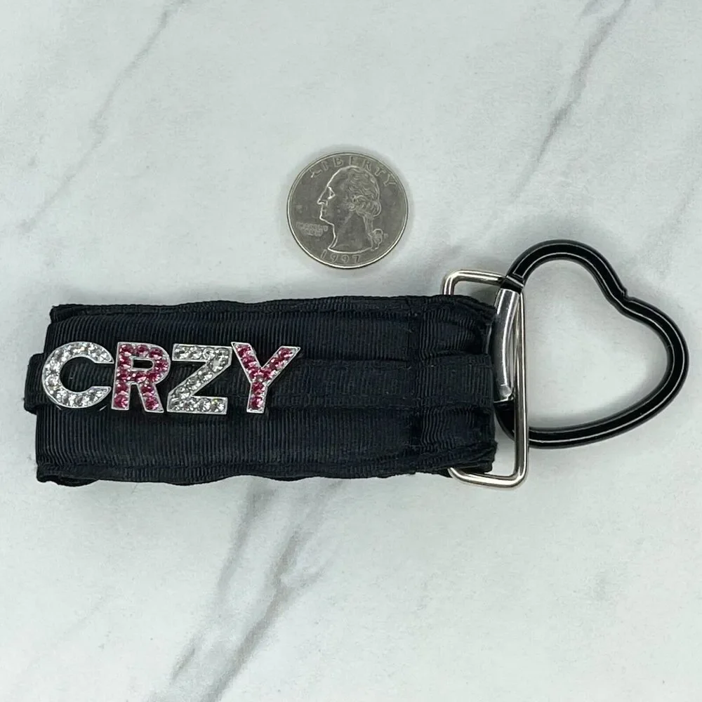Black Ribbon Rhinestone CRZY Crazy Heart Carabiner Keychain Keyring